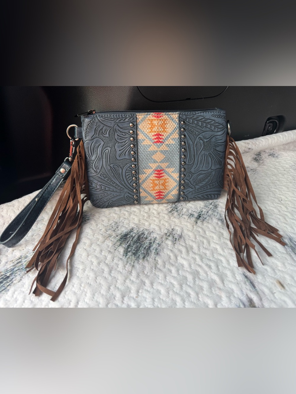 Tooled Bohemian Blue Wristlet Aztec 8.5” x 5.5” Navaho studded